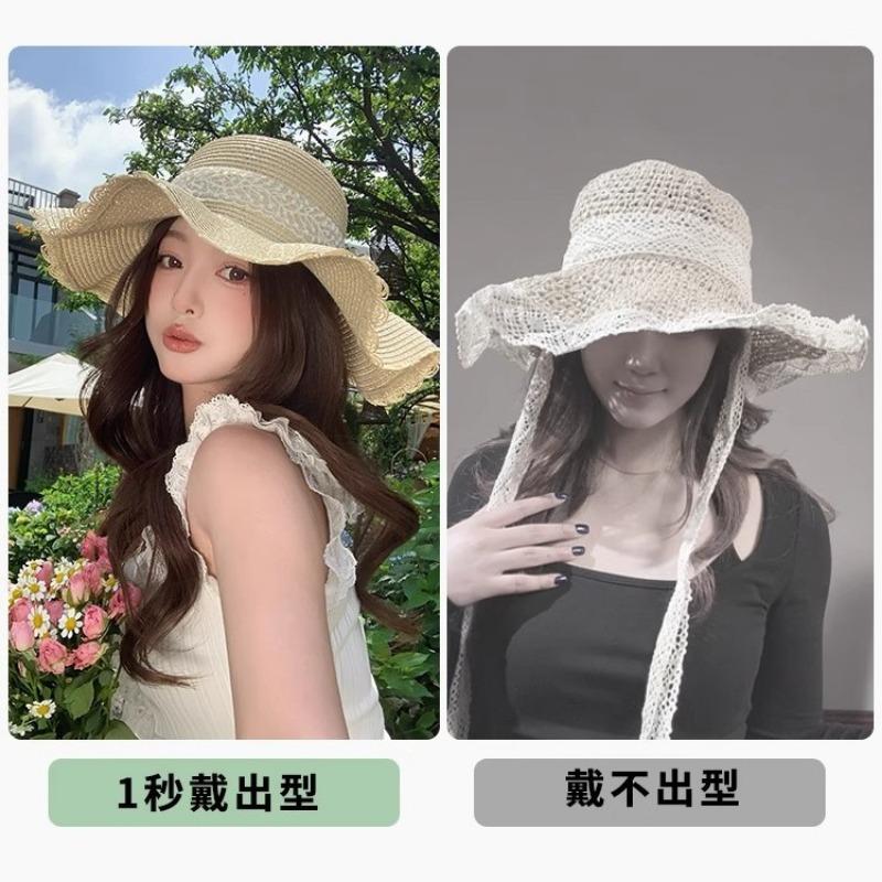 Wave edge bow straw hat women's summer vacation wind seaside beach hat sunshade sun protection hat lace straw hat