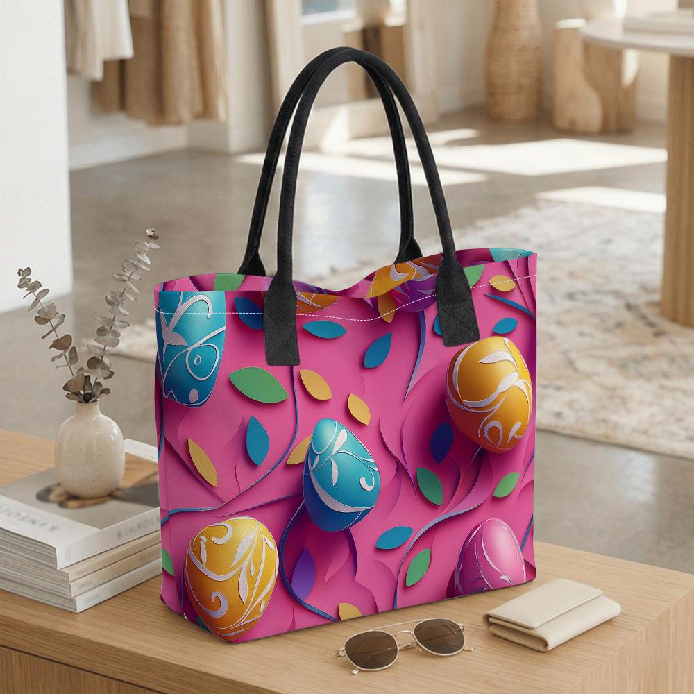 Easter Eggs Printed Canvas Tote Bag Casual Large Capacity Daily Shopping Handbag