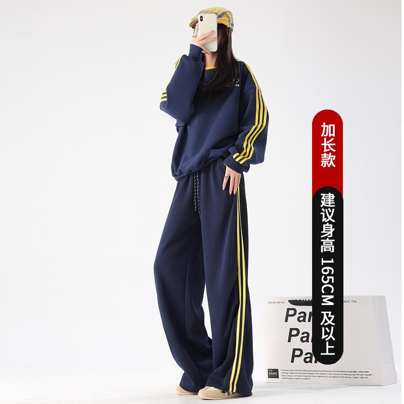 

Женские брюки с широкими штанинами в полоску с двумя полосками, новые осенние свободные брюки прямого кроя, ретро-повседневные леггинсы, спортивные штаны XL