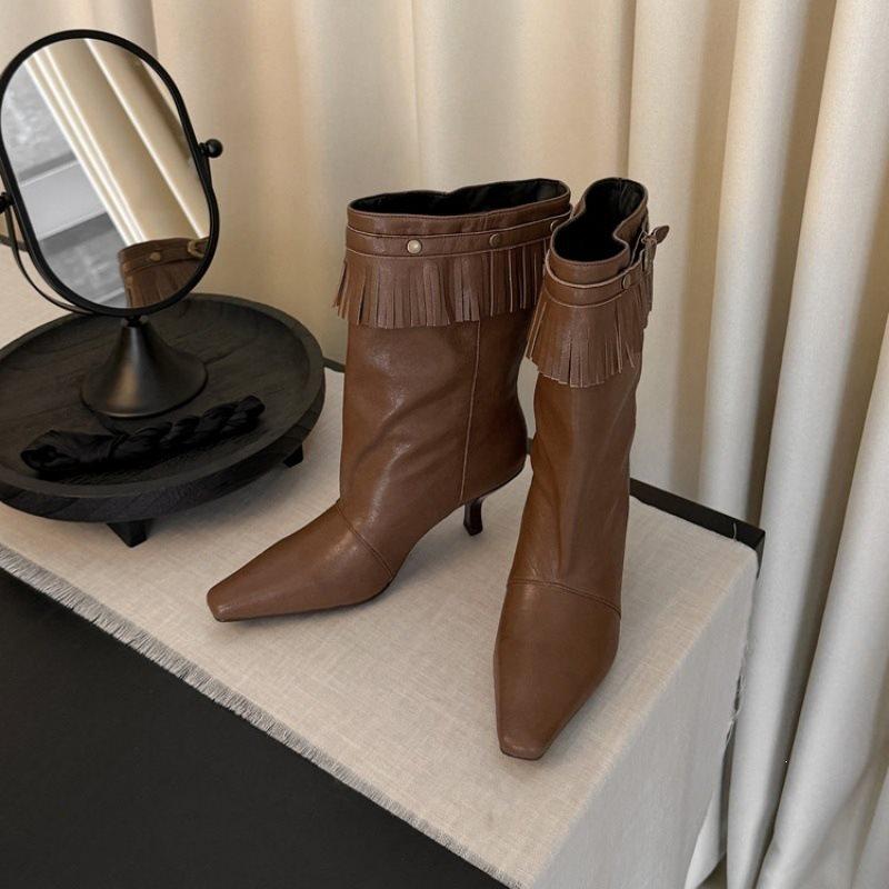 Boots stacked boots new retro stiletto mid-tube women's boots fringed stiletto versatile fashion autumn and winter fashion boots