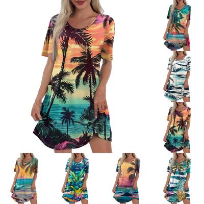 Rochie de damă cu imprimeu hawaian, casual, cu decolteu în V, mânecă scurtă, cu buzunar