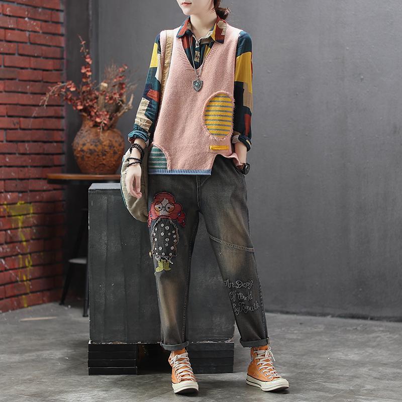 Autumn Winter Women's Loose Knitted Vest Sleeveless Vest Literary Color-block V-neck Pullover Knit Waistcoat