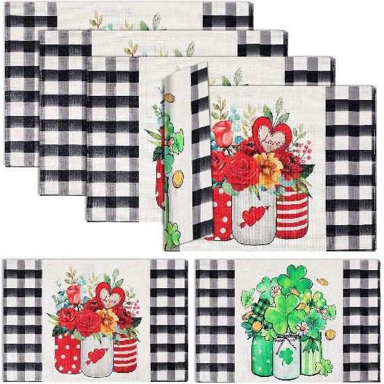 Valentine's Day Buffalo Plaid Placemats Set of 4 Double Sided St Patricks Day Valentines Placemats Decoration Set Farmhouse Table Holiday