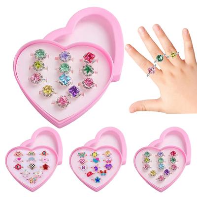 12 piezas/juego Anillos Lindos Ajustables Niños Niñas Juego de Imitación Maquillaje Juguetes Dibujos Animados Cristal Joyería Aleación Animal Esmalte Anillo TMZ