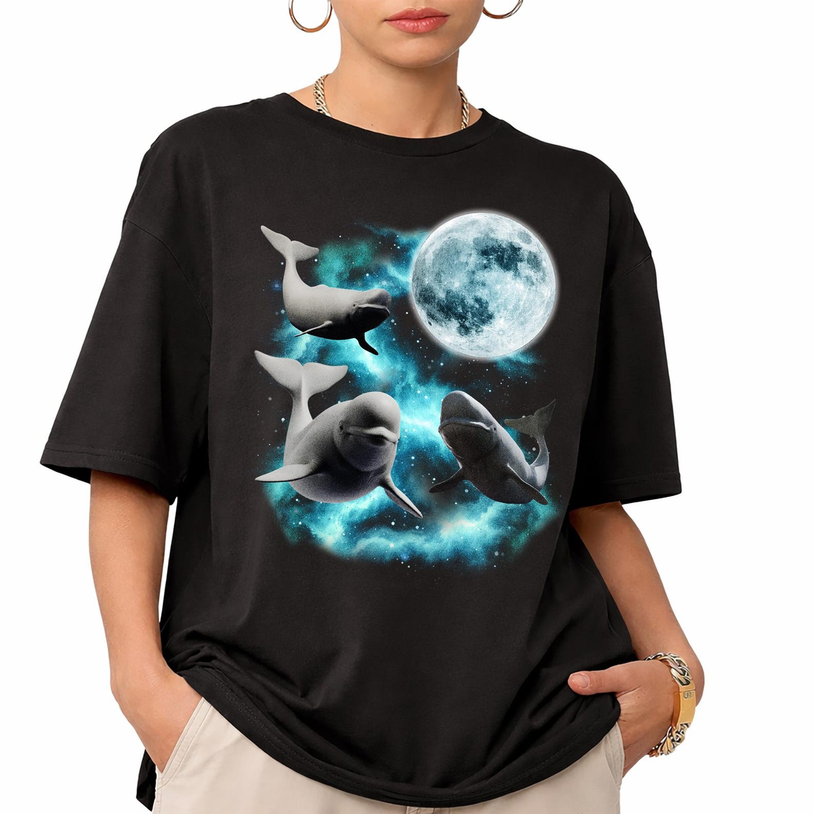 Retro Beluga Whale Celestial T-Shirt, Vintage Moon Ocean Graphic Tee, Streetwear T-Shirt 2XL