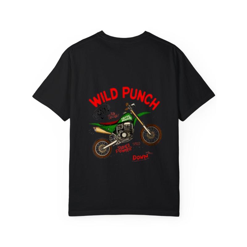 White T-Shirt with Wild Punch Motorcycle Graphic and Text for Casual Wear