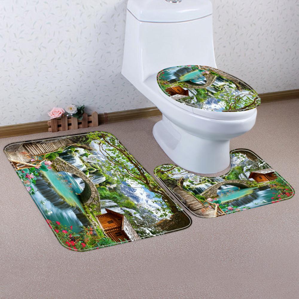 1/4 Forest Waterfall Print Shower Curtains, Toilet Seat Decoration, Shower Curtain with Carpet and Toilet Lid, 70.8x70.8 Inch