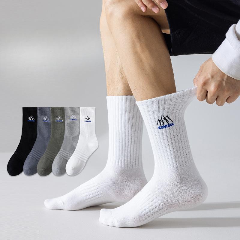 Men's Mid-calf Socks for Autumn and Winter, Solid-colored Cotton Socks, Snow Mountain Embroidery, Versatile and Trendy Socks for Spring and Summer