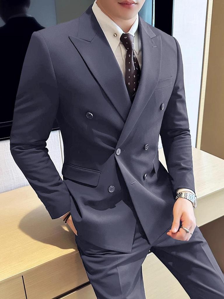 Men's Slim Fit Double-Breasted Suit - British Style Business & Wedding Attire