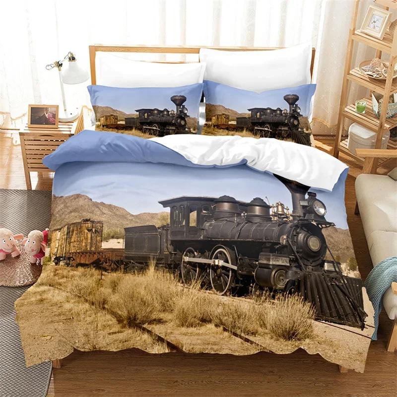 

Steam Engine Soft with Soft Fabric Duvet Cover King Quen Microfiber Vintage Locomotive in Countryside Scenery Gren Gras Train Patern Beding Set 135*200cm Eu-Single