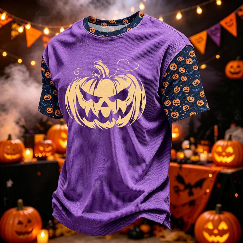 Herren Kord-Rundhals Leicht Atmungsaktiv Kurzarm Oberteil Halloween-Druck Kürbis Grafik Buchstaben oder Süßes Design Freizeithemd