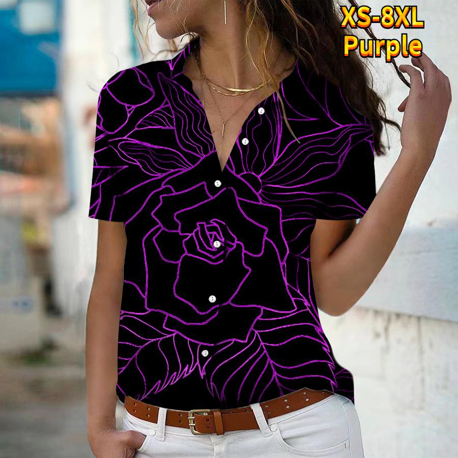 2025 Summer New Fashion Women's Flower Printed Short Sleeve V-neck Casual Button-down Shirt Top