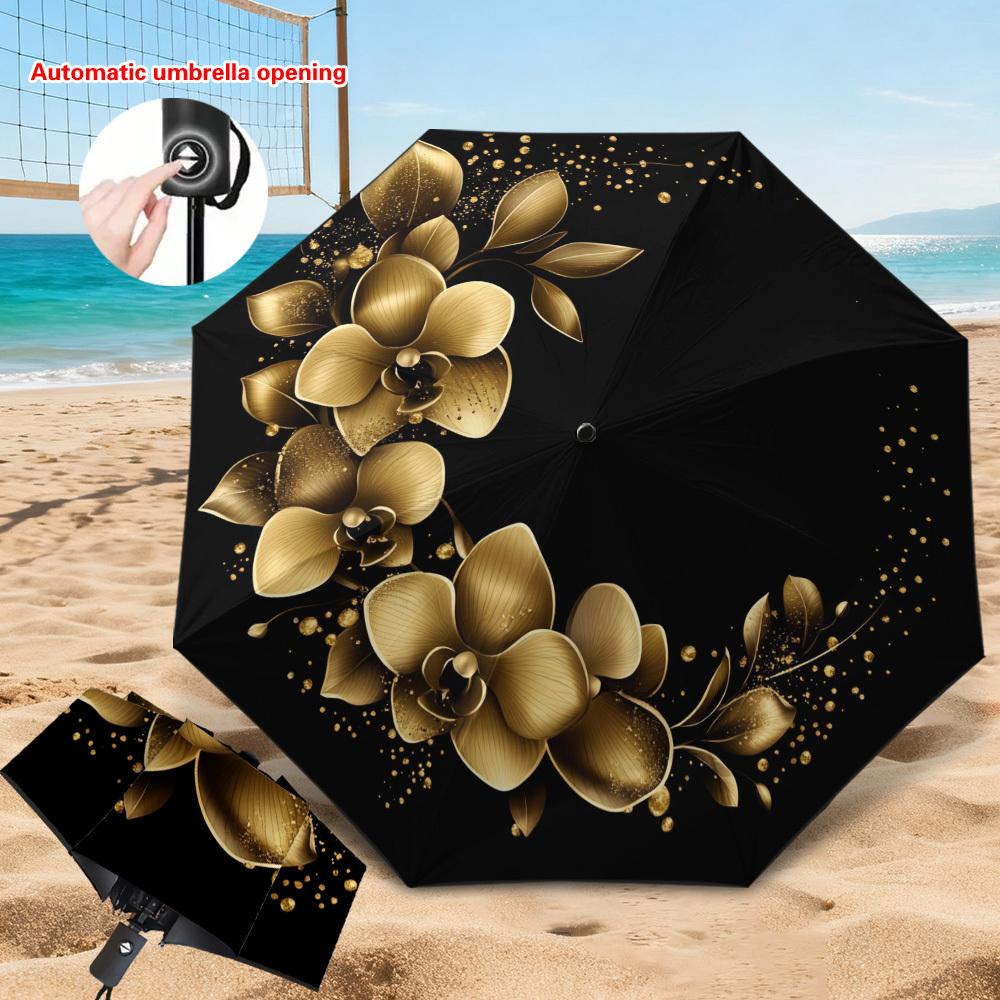 

1pc Automatic Open/Close Umbrella with Golden Orchid Flower Print - Black & Golden Luxury Design, 8-Rib Reinforced Frame,, Com (as the picture,Iron&8K)
