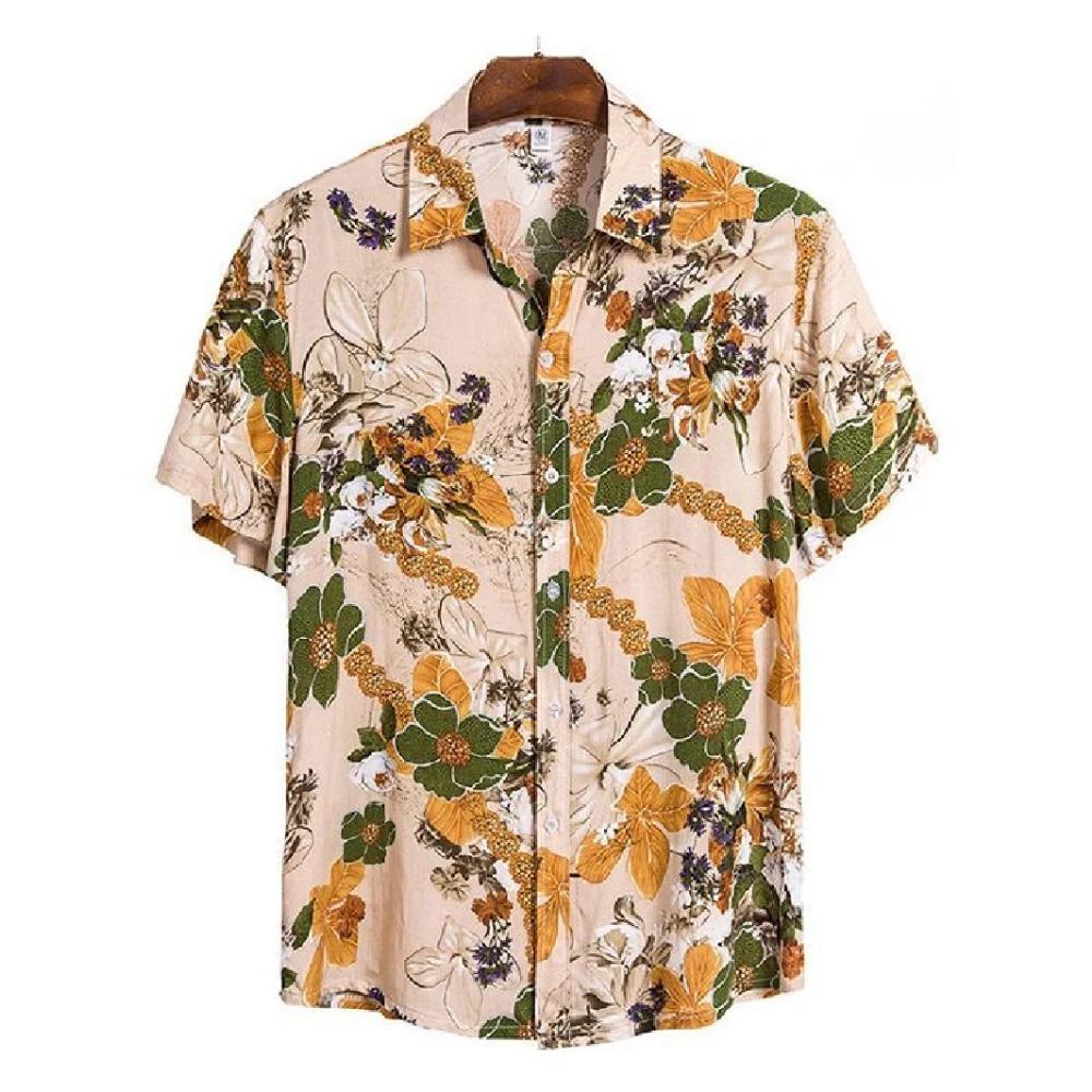 Sommer Herren Retro Bedrucktes Muster Kurzarm Revers Knopf Mode Lässig Mantel Hemd Übergroße Kleidung