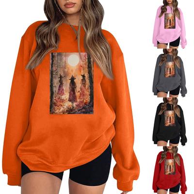 Women's Casual Round Neck Long Sleeved Pullover, Halloween Printed Top, Long Sleeved Hoodie