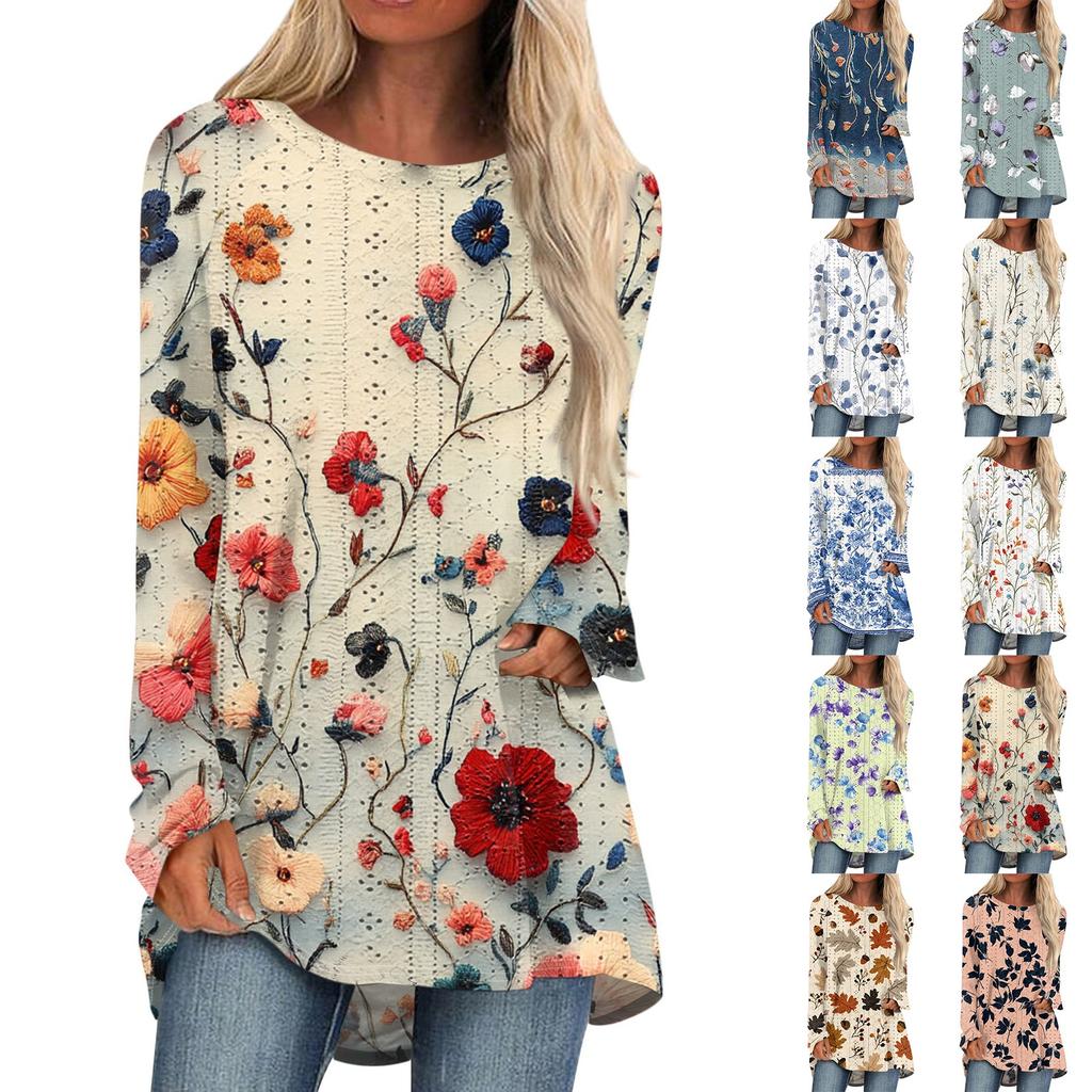 Womens Tops Round Neck Long Sleeve Blouses Casual Mid-length Shirts Fashion Print Tunic Tops