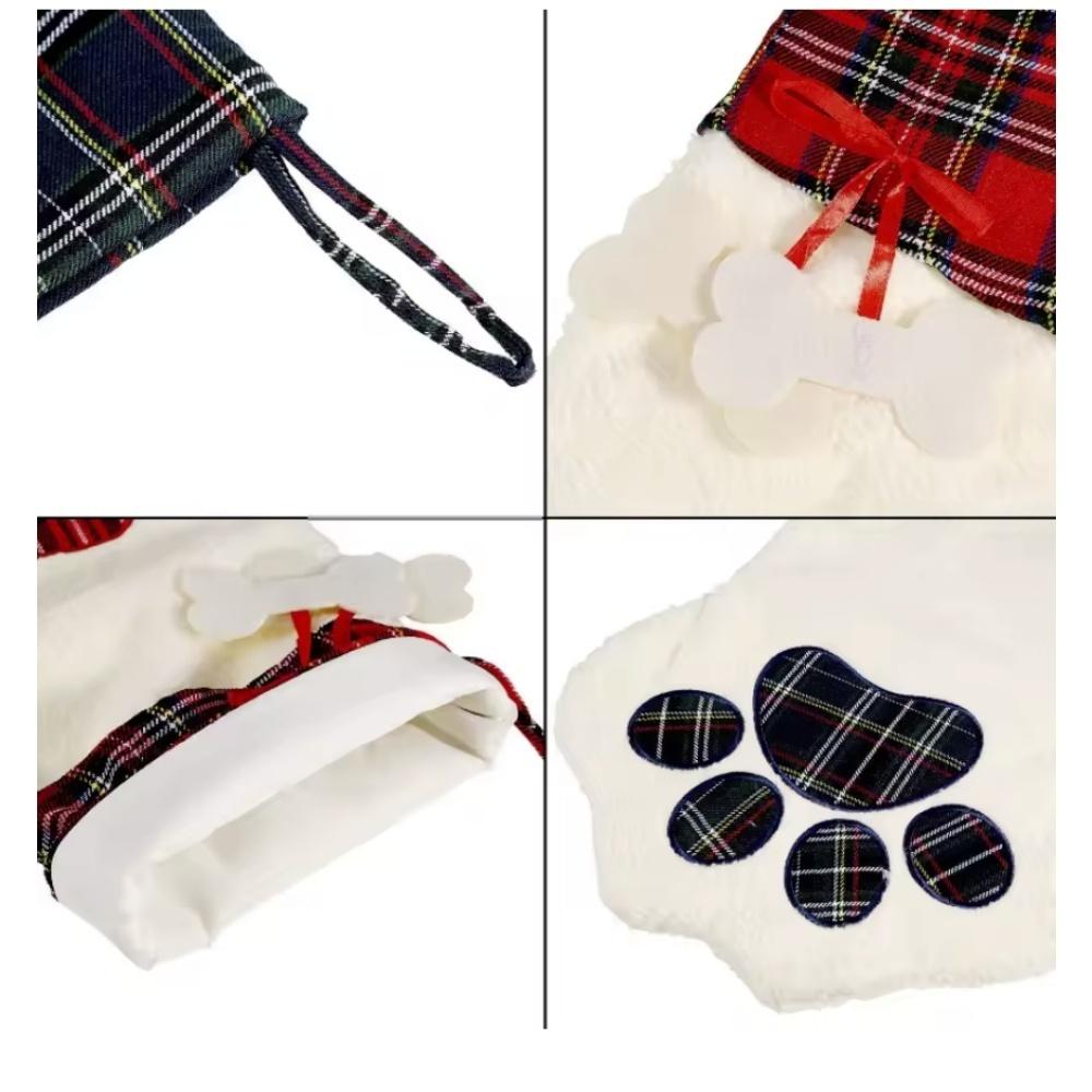 Christmas Socks New Year Decorations Buffalo Plaid Pet Stockings for Cats and Dogs Paw Pattern Hanging Pendant Toy Doll Gifts