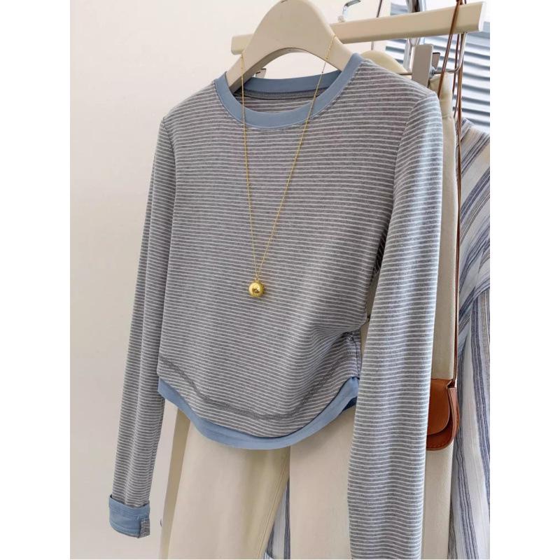 Striped Two-in-One Long-Sleeve Shoulder T-Shirt for Women, Spring/Fall 2024 Collection.