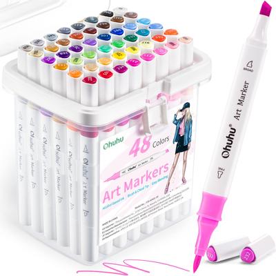 Ohuhu Rotulador Tipo Pincel 48 Colores Principiante Pincel Grueso Marcador de Ilustración Eje Triangular Lápiz Mezclador Incluido Marcador de Alcohol Un Set