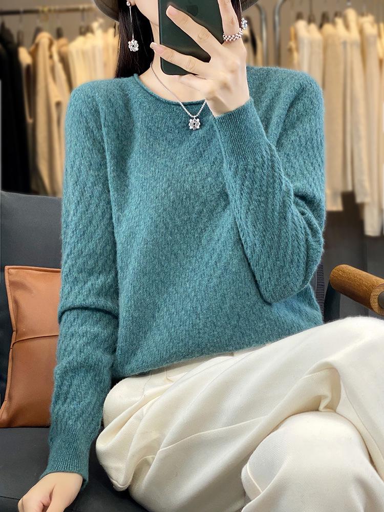 Women's Round Neck Solid Jacquard Wool Pullover Sweater - Autumn/Winter Casual Knitted Top