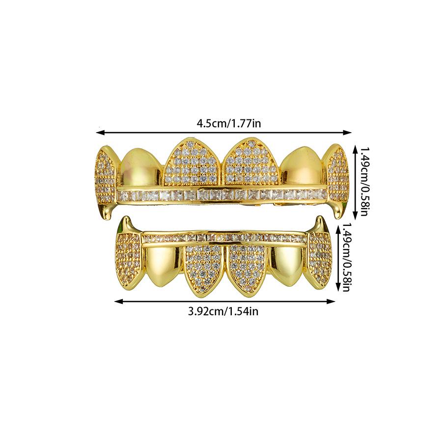 Europäische & Amerikanische Hip Hop Reißzahn-Zahnspangen mit Diamant-Inlay, Gemischtes Oberflächen-Design, Kupfer & Zirkon.