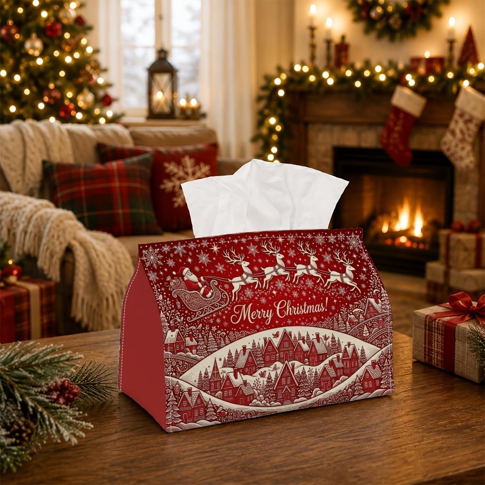 1pc Traditional Winter Village Tissue Box - Xmas Napkin Dispenser, Made of Durable Polyester, Decorated with Flying Sleigh Snowscape, Suitable for Liv