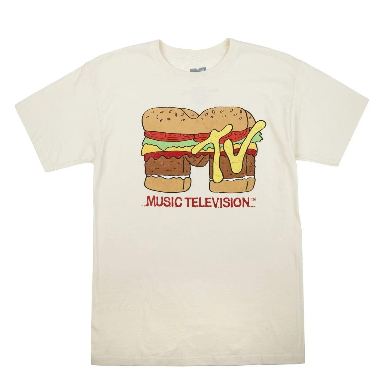 MTV Mens Music Television Tofu Burger Hambuger Logo Ivory Shirt New Medium 3XL