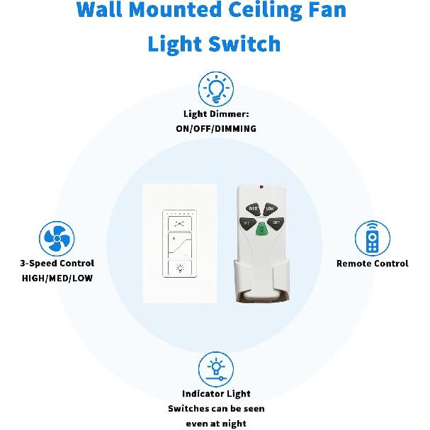 Ceiling Fan Remote Control Kit, Universal Ceiling Fan Remote and Dimmer Light Switch Combo, Ceiling Fan Wall Switch UC9050T, Fan Remote Control Kit