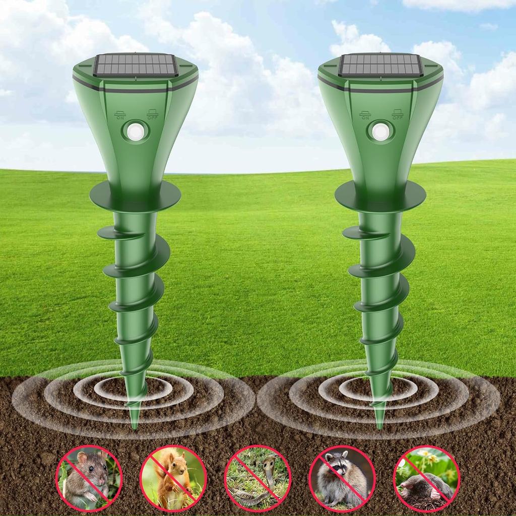 Mole Repellent Solar Powered, 2024 Upgrade IPX7 Waterproof Gopher Vole Repellent for Lawn Garden Yard, Repellent Rat, Squirrel, Skunk, Mole, 4 Pack