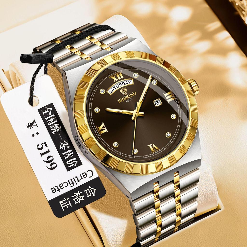 BINBOND Luxury Ultra-Thin Men's Quartz Watch, Rhinestones, Waterproof, Luminous Double Calendar Wristwatch.