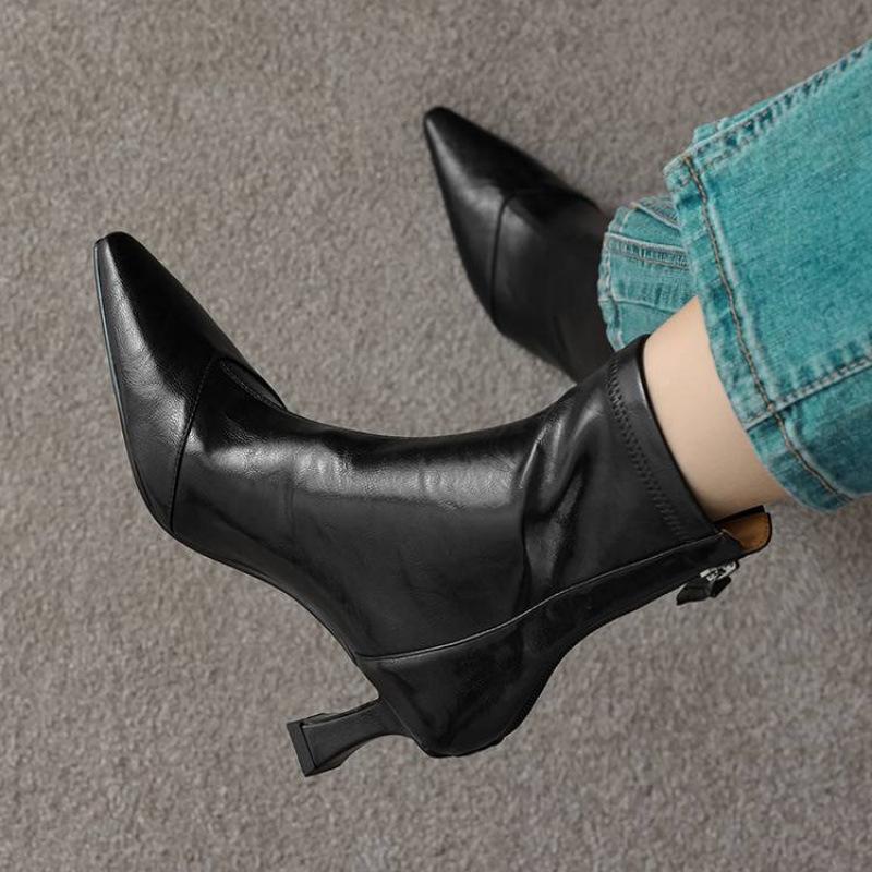 Neue, hochhackige Damenstiefel in großen Größen, mit Reißverschluss hinten, weicher Sohle aus Rindersehnenmaterial, komfortablem Reißverschluss hinten, einfarbigem, vielseitigem Stiletto-Stiefel mit mittelhohem Absatz.