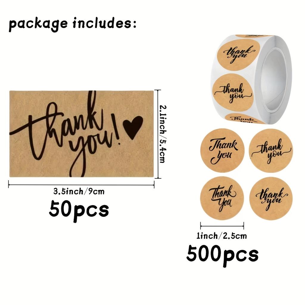 [Small Business Sticker Labels] Thank You Cards & Stickers Set | 50 Business Cards, 500 Support Sticker Labels, Kraft Brown