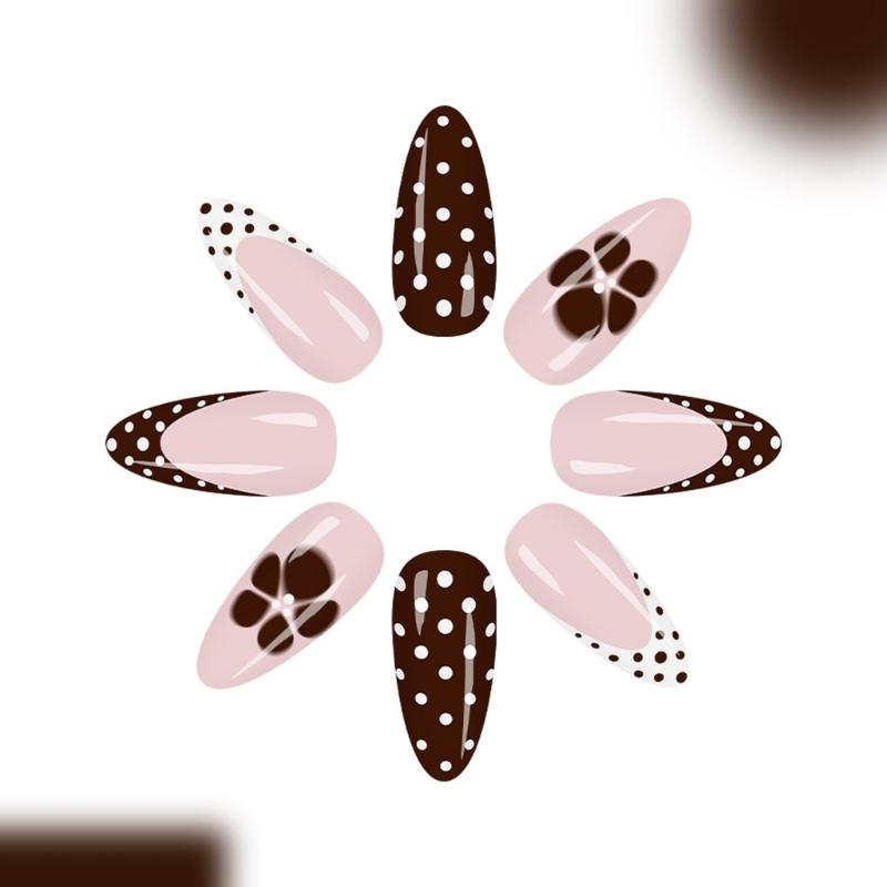 24Pcs Autumn Winter French Tip False Nail Black White Coffee Glitters Press On Artificial Nail Reusable