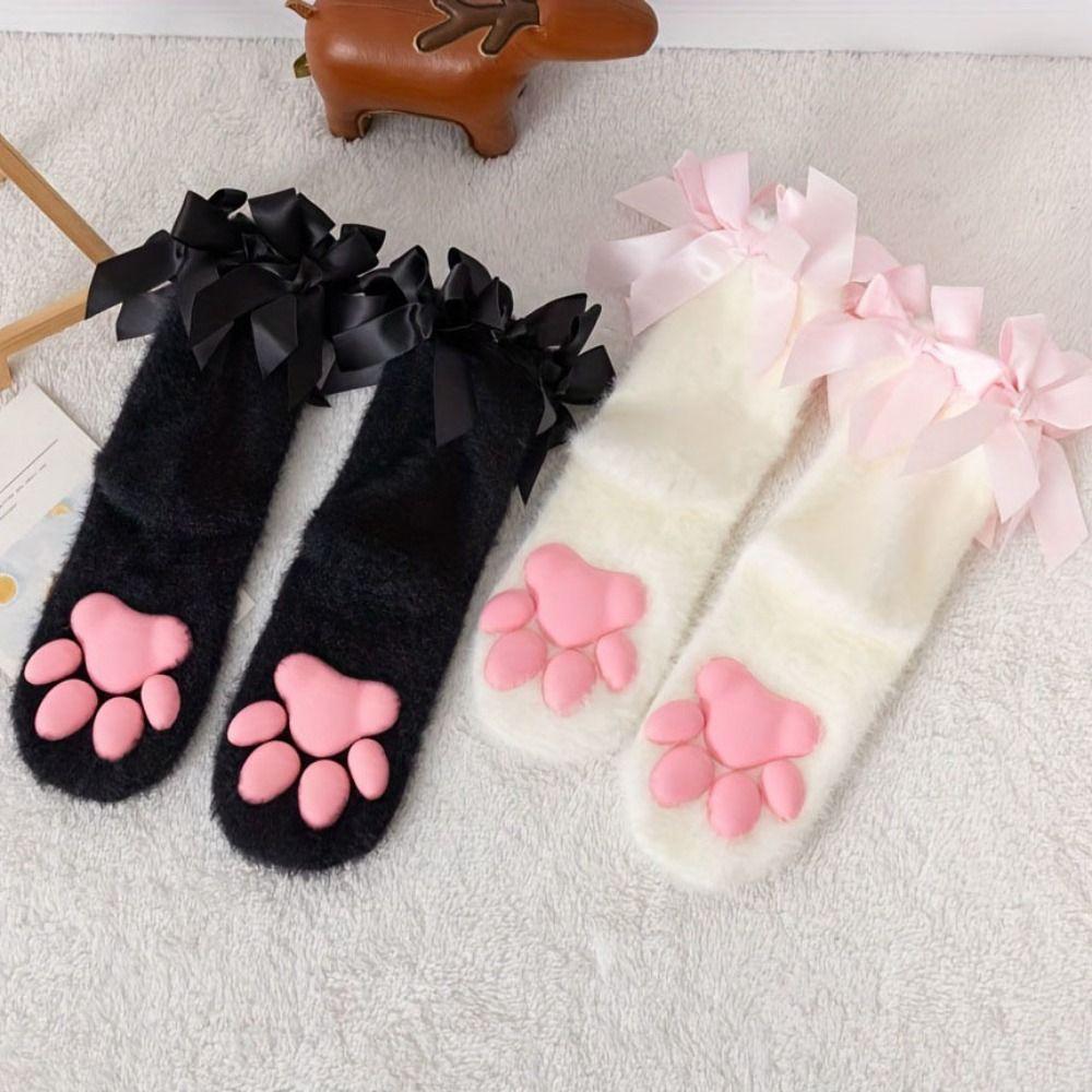 Paw Pads Cat Paw Plush Socks Kitten Claw Bowknot Warm Socks Harajuku 3D Cat Paw Socks  Indoor