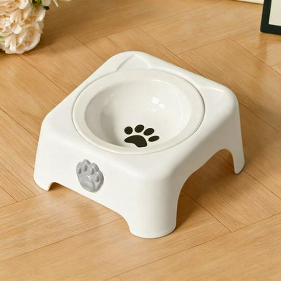 Integrated Cat Food & Water Bowl, Cute Ceramic Design, Sloped Mouth, High-Legged for Cervical Protection