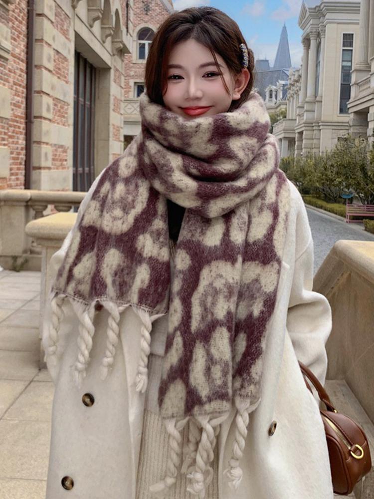 Women Winter Knit Scarf Headscarf Lady Retro Leopard Print Tassel Scarve Foulard Soft Thick Wrap Shawl Casual Fashion Korean New