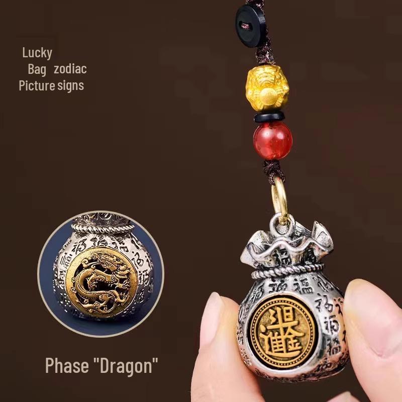 Twelve Zodiac Blessings Money Bag Keychain: Gold Snake Charm for Wealth & Treasure