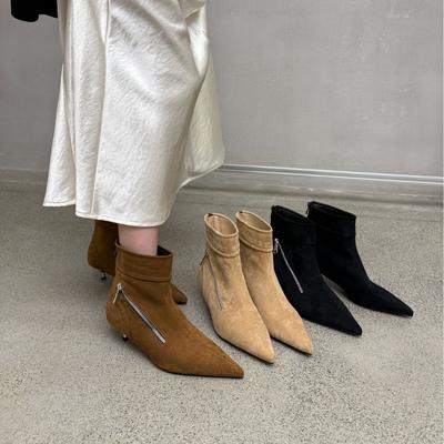 2025 neue Internet-Berühmtheit dünner Absatz Frühling und Herbst einzelne Stiefel hoher Absatz elastische dünne Stiefel spitze Wildleder Kitten und kurze Stiefel Damen