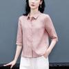 Spring Women Pink Linen Blend Button Up Collared Blouse