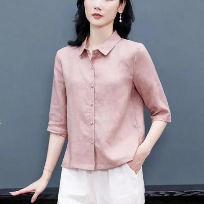 Spring Women Pink Linen Blend Button Up Collared Blouse