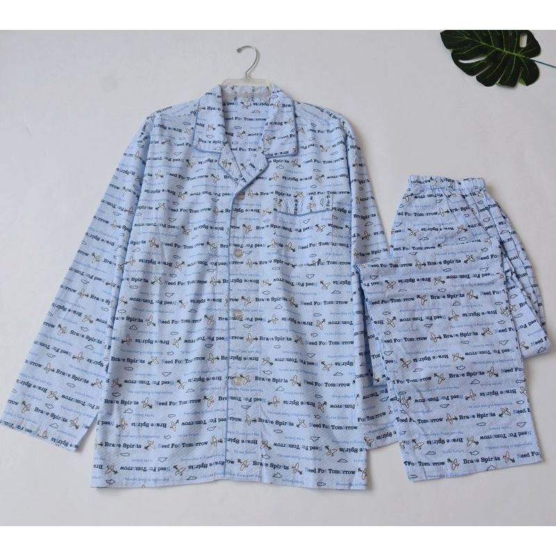 Foreign Trade High Quality Cotton Men's Pajamas Thin Plus size Simple Cotton Print Long sleeve Loose Home Wear Set
