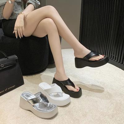 Fashion Thick-soled Heightening Cool Slippers Women's Summer Wear Muffin Bottom Flip-flops Pinch Feet Non-slip Beach Shoes