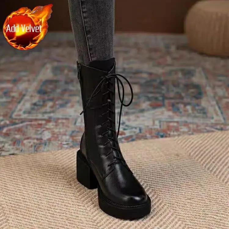 Women's Half High Boots Winter 2025 Ladies Mid Calf Shoes Round Toe New In Quality Novelty Sale on Promotion Work Waterproof Pu