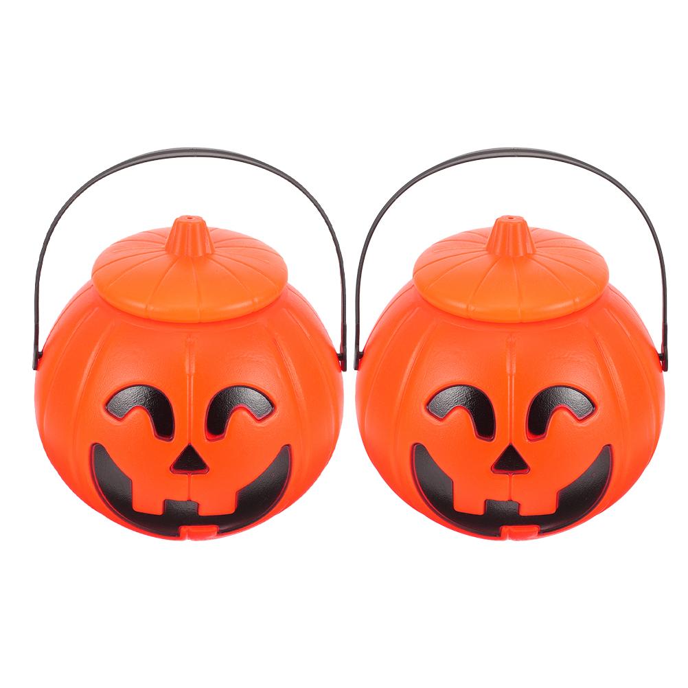 2pcs Pumpkin Candy Buckets Halloween Hanging Bucket with Lid Trick-or-treat Candy Chocolate Cookie Container For Party Kids