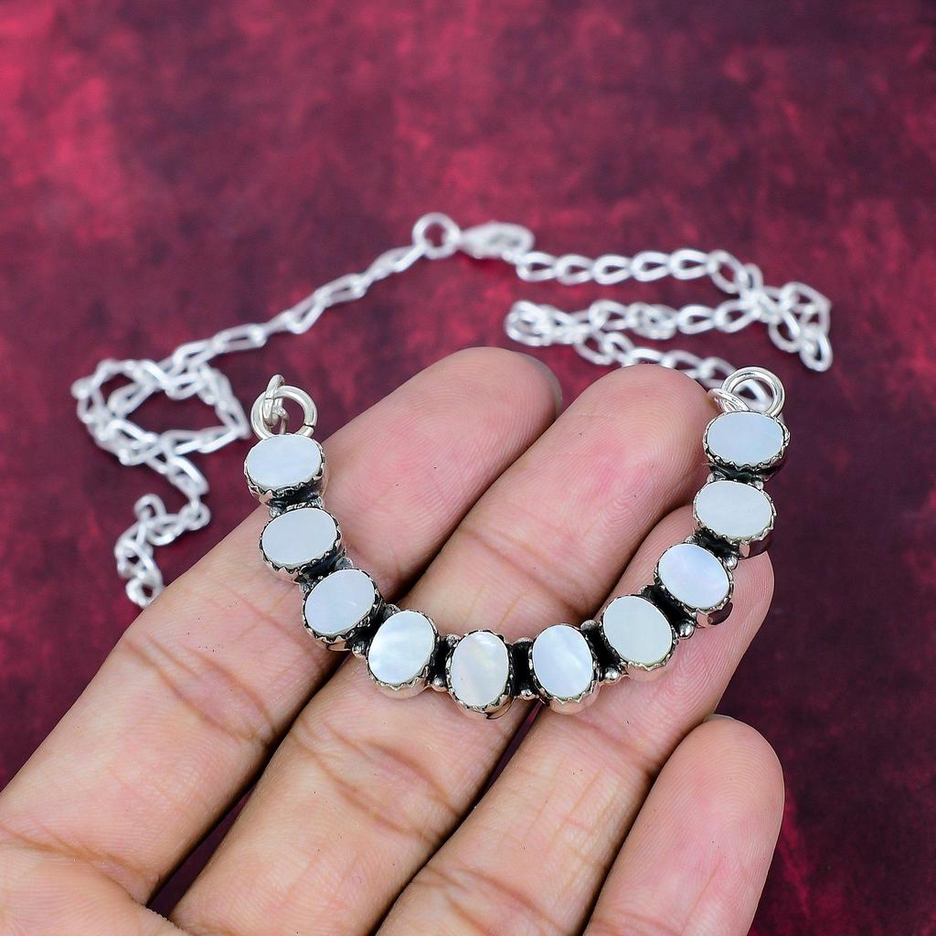 Mother Of Pearl Handmade Gemstone Necklace, 925 Solid Sterling Silver Necklace Antique Jewelry, Gift For Love