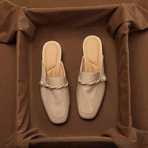Fashion French Style Slimming Soft Leather Mule Sandals Women Mid Heel Chunky Heel Summer Slip On Shoes