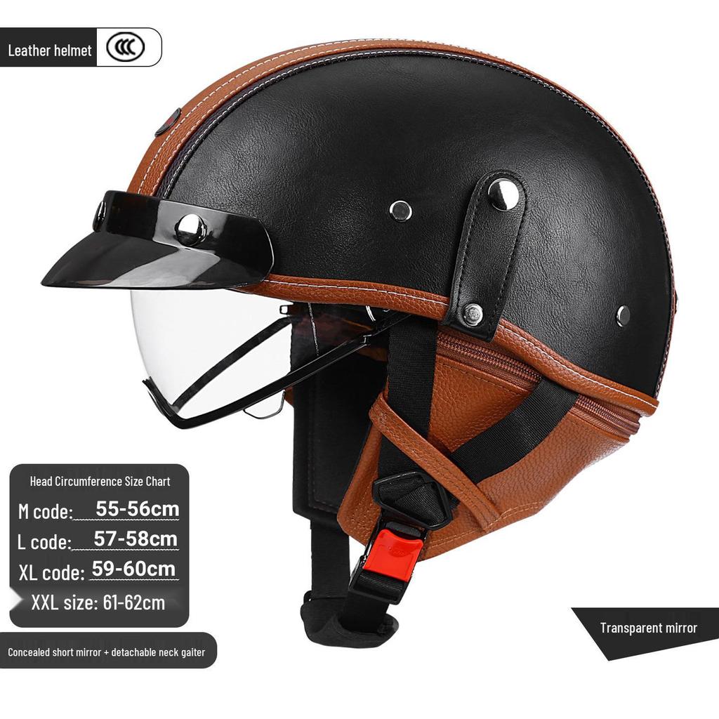 3C Certified Retro Leather Electric Motorcycle Half Helmet with Detachable Neck Guard for Men and Women - Model AF-R09