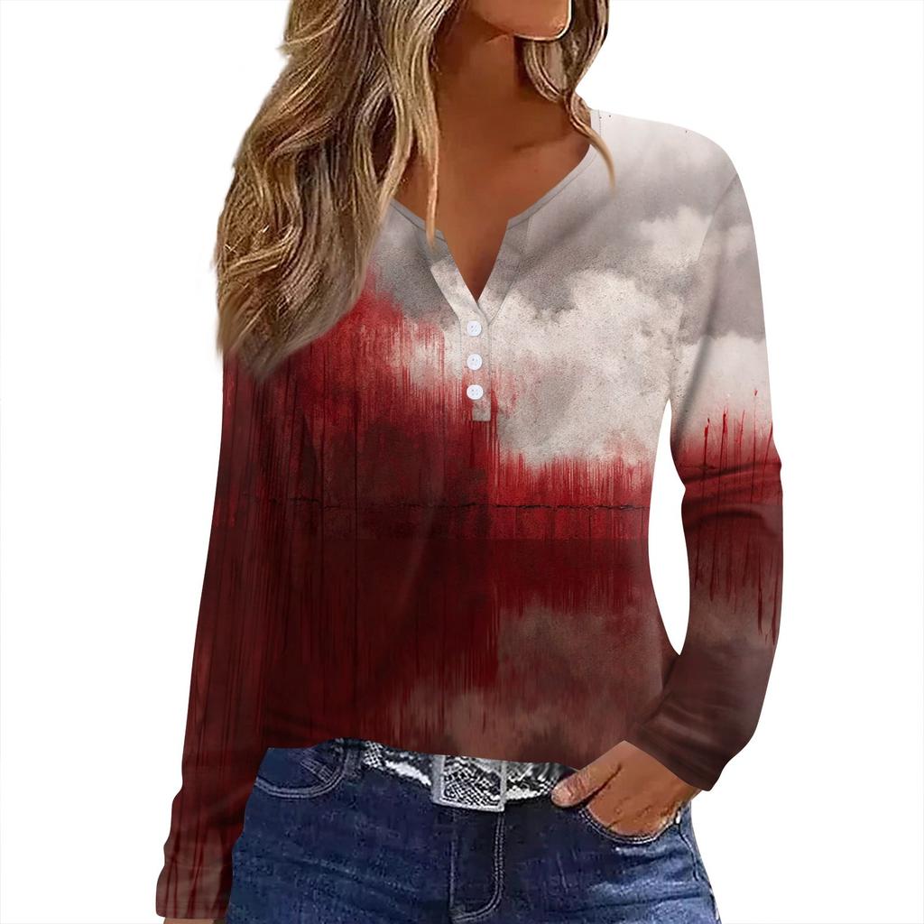 Women's T Shirt Tee HAlloween Print Button Long Sleeve Daily Weekend Fashion Basic V- Neck Regular Top