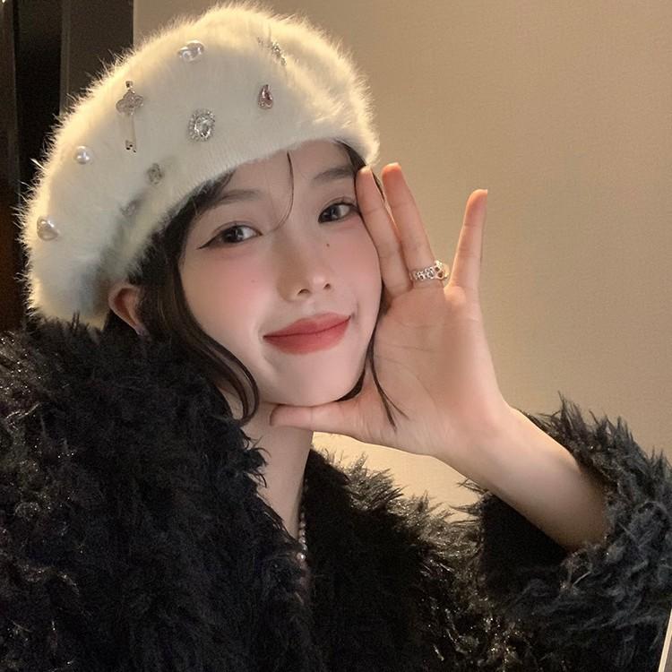 2025 original handmade rhinestone rabbit fur beret female season showing face small plush painter hat white hat