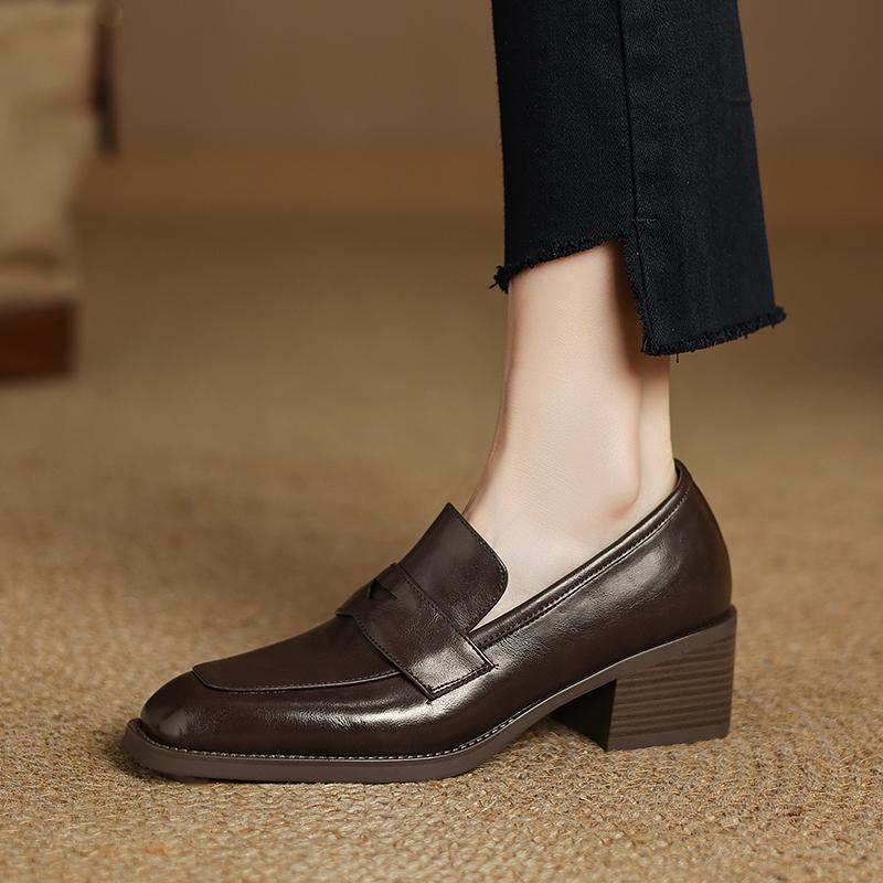 Fashion 2025 New Spring Genuine Leather Women Shoes Round Toe Women Pumps Brogue Designs Shoes for Women High Heel Loafers Ladies Shoes